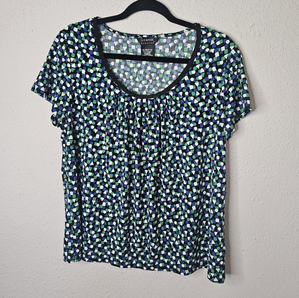 George Short Sleeve Blouse‎ Womens XL 16/18 Career Office Blue Green Stretch